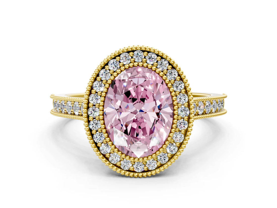 Yellow gold Halo Fancy Pink Oval -Cut Diamond Pave Band Milgrain Prong Setting Ring_55