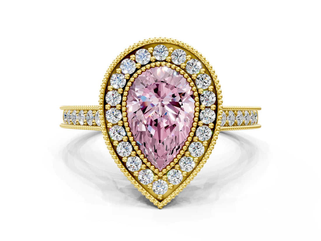 Yellow gold Halo Fancy Pink Pear -Cut Diamond Pave Band Milgrain Prong Setting Ring_54