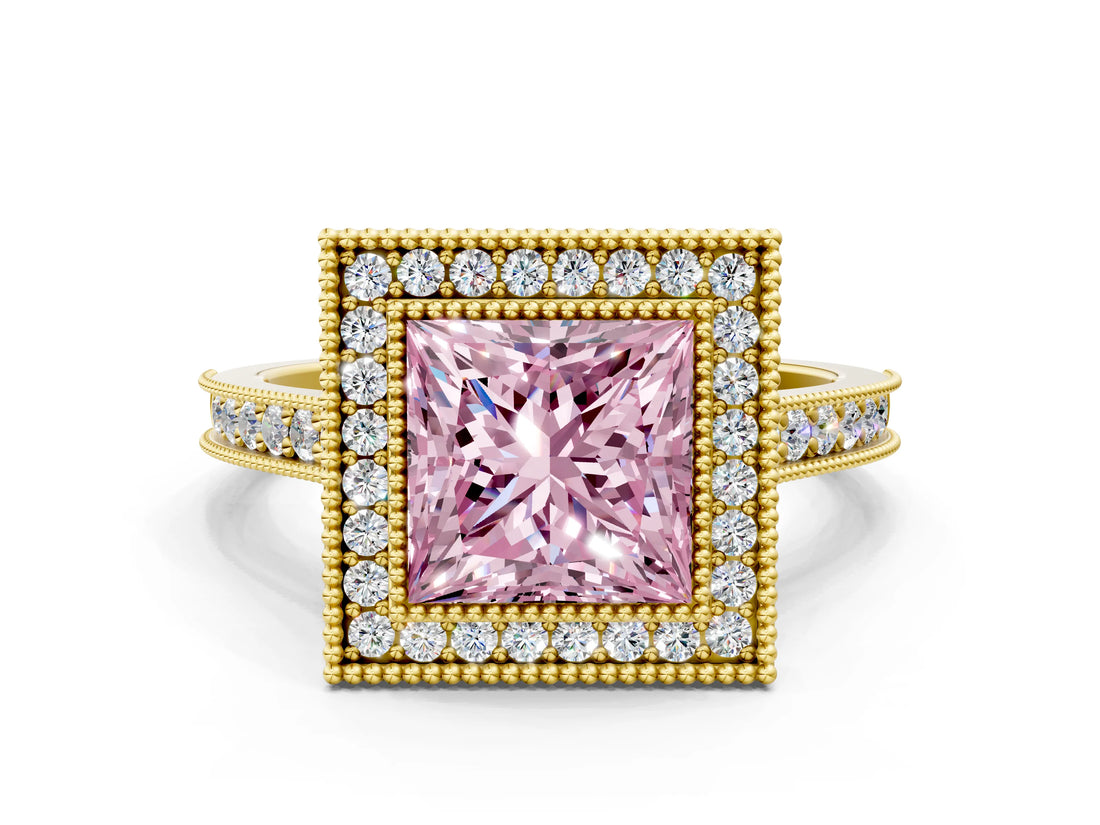 Yellow gold Halo Fancy Pink Princess -Cut Diamond Pave Band Milgrain Prong Setting Ring_36