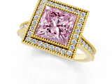 Yellow gold Halo Fancy Pink Princess -Cut Diamond Pave Band Milgrain Prong Setting Ring_37