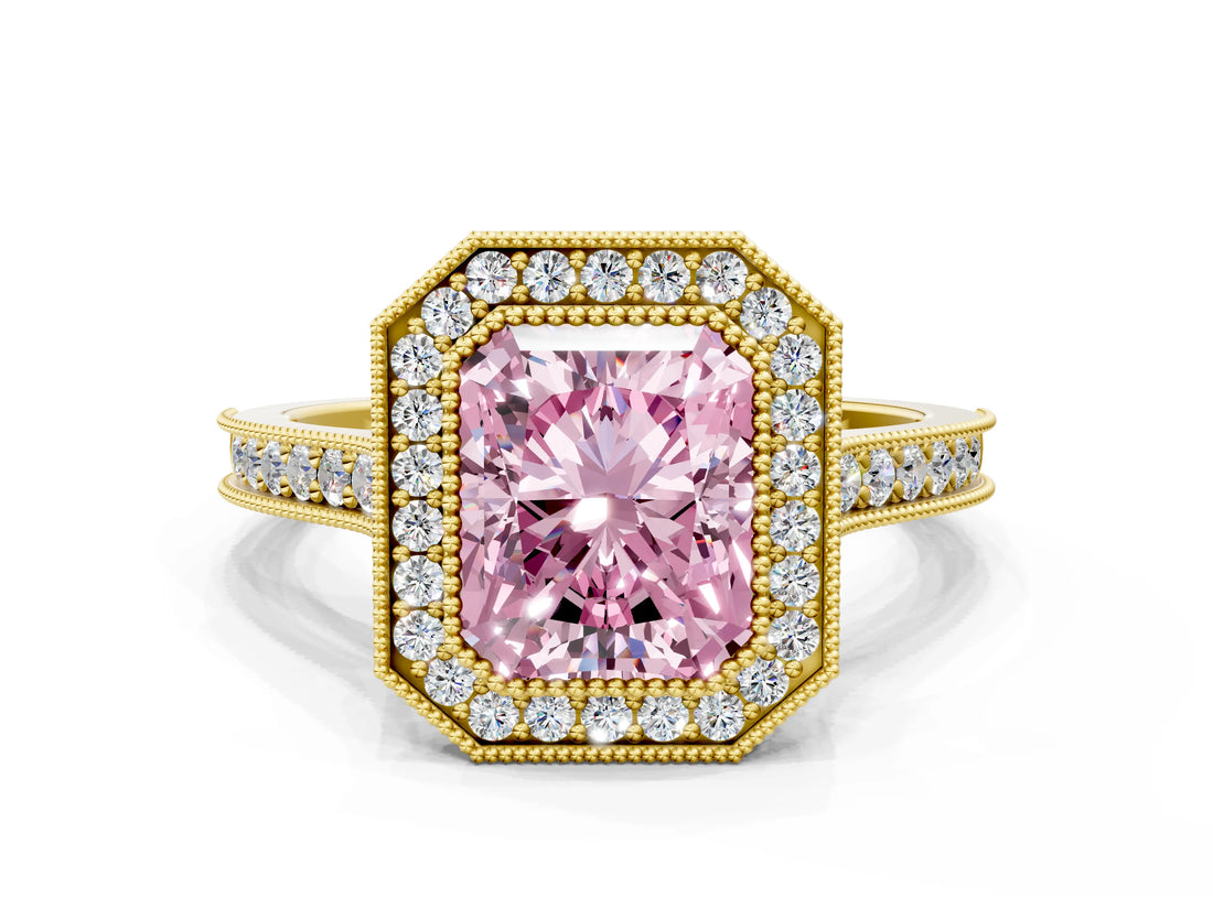 Yellow gold Halo Fancy Pink Radiant -Cut Diamond Pave Band Milgrain Prong Setting Ring_55