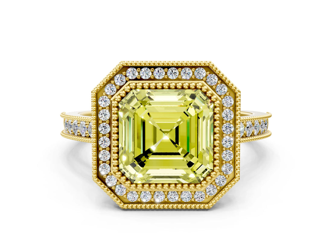 Yellow gold Halo Fancy Yellow Asscher -Cut Diamond Pave Band Milgrain Prong Setting Ring_34