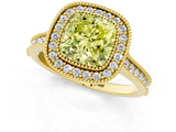 Yellow gold Halo Fancy Yellow Cushion -Cut Diamond Pave Band Milgrain Prong Setting Ring_56