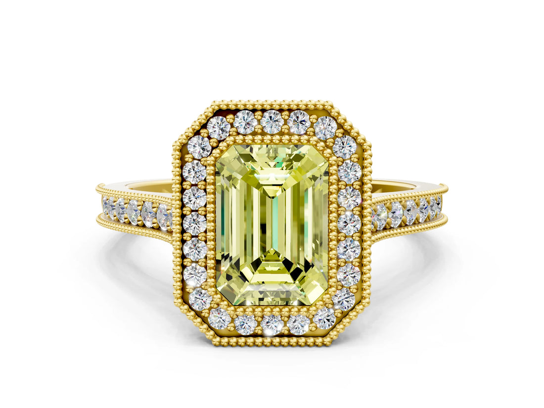 Yellow gold Halo Fancy Yellow Emerald -Cut Diamond Pave Band Milgrain Prong Setting Ring_54