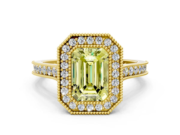 Yellow gold Halo Fancy Yellow Emerald -Cut Diamond Pave Band Milgrain Prong Setting Ring