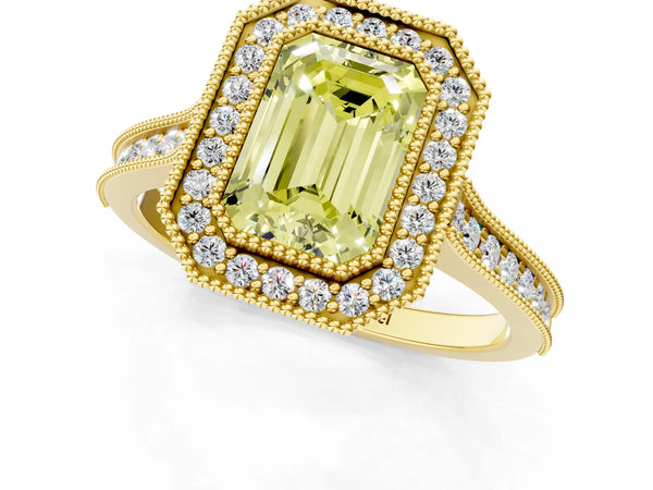 Yellow gold Halo Fancy Yellow Emerald -Cut Diamond Pave Band Milgrain Prong Setting Ring