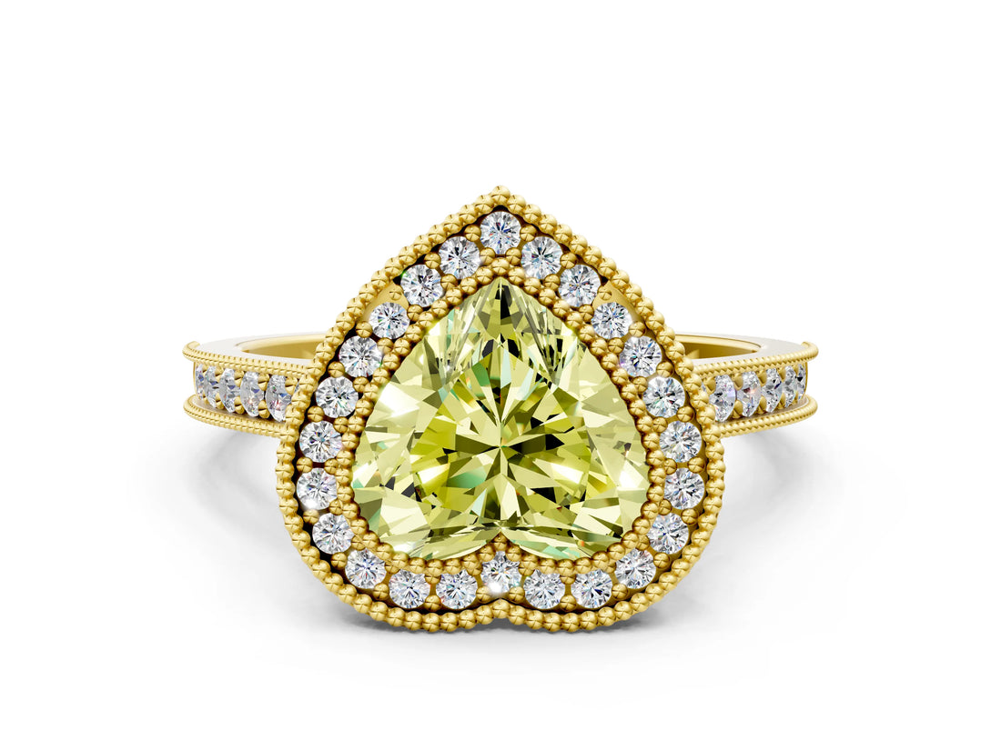 Yellow gold Halo Fancy Yellow Heart -Cut Diamond Pave Band Milgrain Prong Setting Ring_54