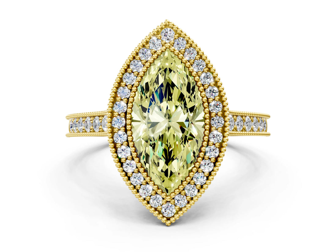 Yellow gold Halo Fancy Yellow Marquise -Cut Diamond Pave Band Milgrain Prong Setting Ring_35