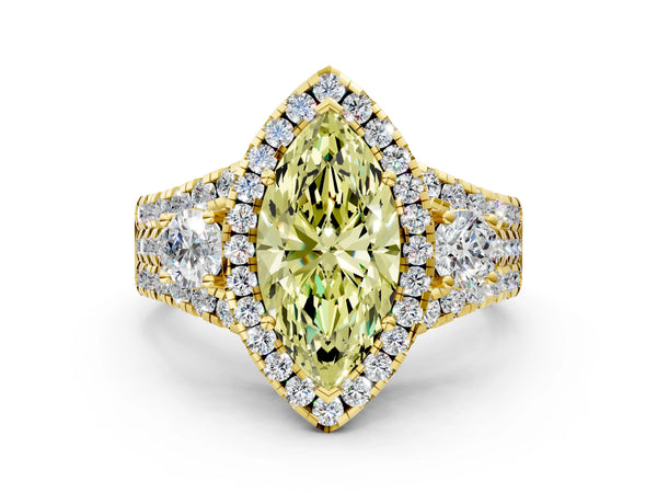 Yellow gold Halo Fancy Yellow Marquise Cut Cut Split Shank Diamond Ring with Four-Prong Setting