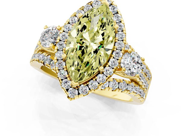 Yellow gold Halo Fancy Yellow Marquise Cut Cut Split Shank Diamond Ring with Four-Prong Setting