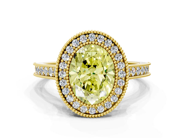 Yellow gold Halo Fancy Yellow Oval -Cut Diamond Pave Band Milgrain Prong Setting Ring