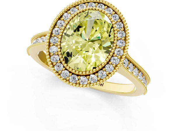 Yellow gold Halo Fancy Yellow Oval -Cut Diamond Pave Band Milgrain Prong Setting Ring