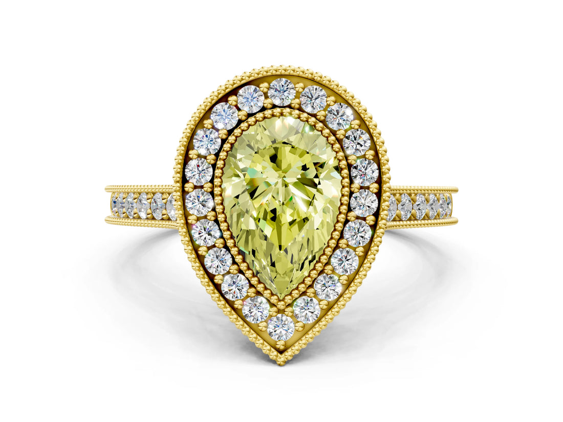 Yellow gold Halo Fancy Yellow Pear -Cut Diamond Pave Band Milgrain Prong Setting Ring_67