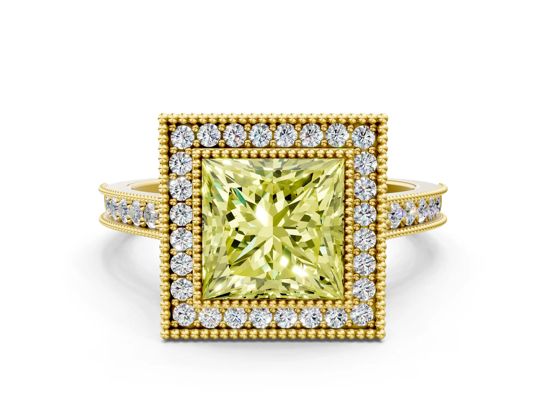 Yellow gold Halo Fancy Yellow Princess -Cut Diamond Pave Band Milgrain Prong Setting Ring_34