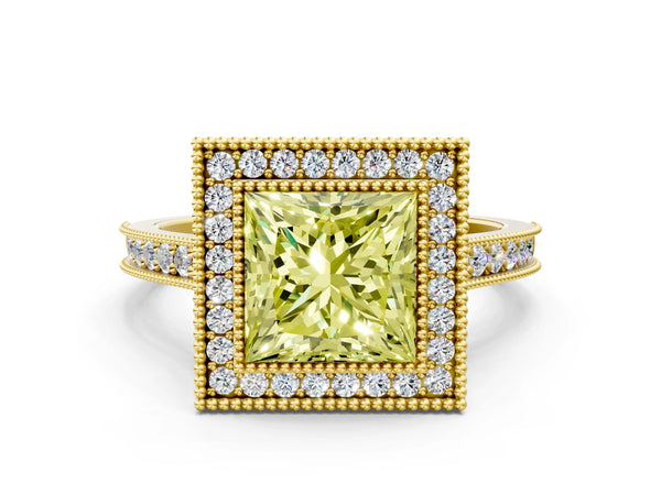 Yellow gold Halo Fancy Yellow Princess -Cut Diamond Pave Band Milgrain Prong Setting Ring