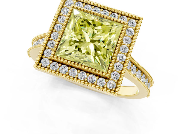 Yellow gold Halo Fancy Yellow Princess -Cut Diamond Pave Band Milgrain Prong Setting Ring