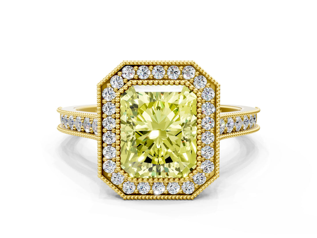 Yellow gold Halo Fancy Yellow Radiant -Cut Diamond Pave Band Milgrain Prong Setting Ring_49