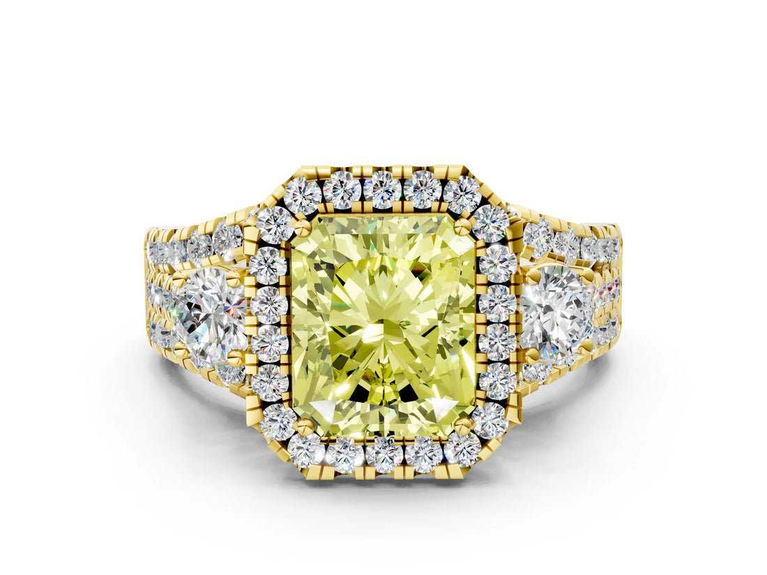 Yellow gold Halo Fancy Yellow Radiant Cut Cut Split Shank Diamond Ring with Four-Prong Setting