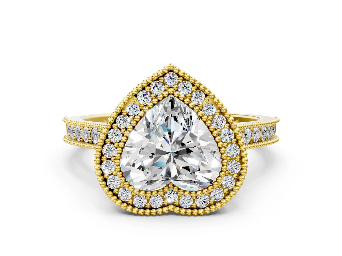 Yellow gold Halo Heart-Cut Diamond Pave Band Milgrain Prong Setting Ring_55