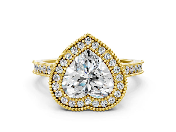 Yellow gold Halo Heart-Cut Diamond Pave Band Milgrain Prong Setting Ring