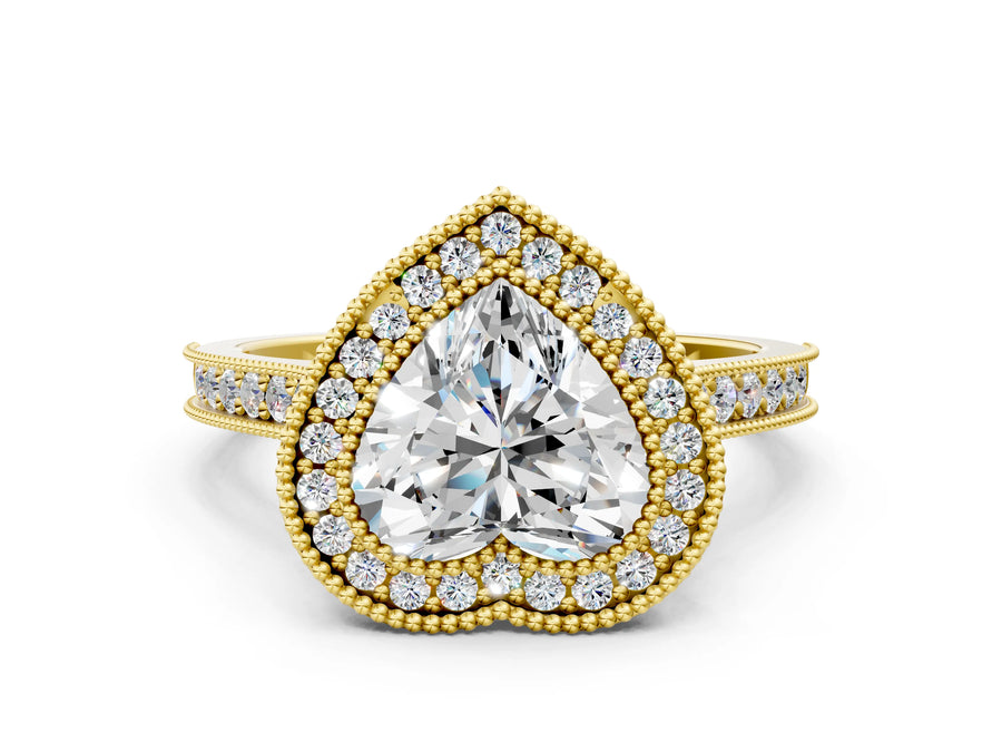 Yellow gold Halo Heart-Cut Diamond Pave Band Milgrain Prong Setting Ring