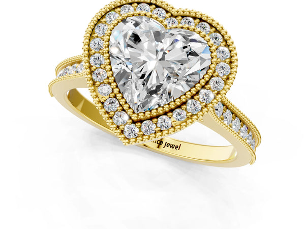 Yellow gold Halo Heart-Cut Diamond Pave Band Milgrain Prong Setting Ring