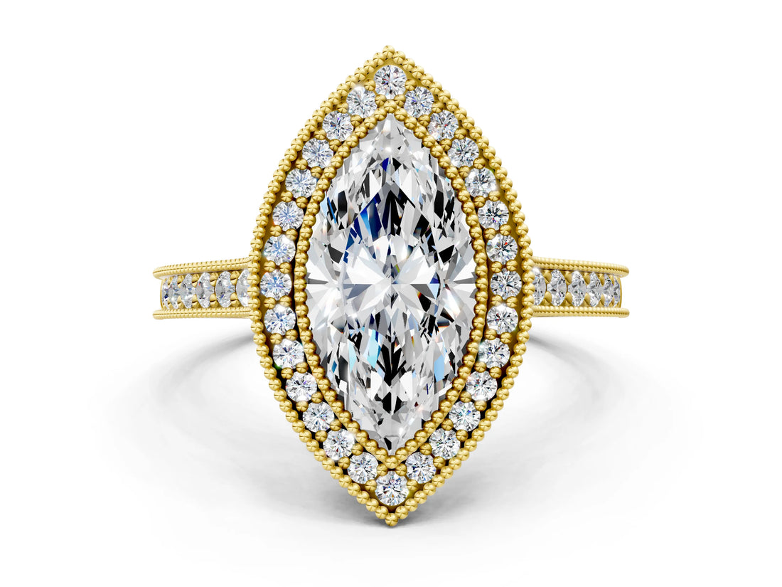 Yellow gold Halo Marquise-Cut Diamond Pave Band Milgrain Prong Setting Ring_55