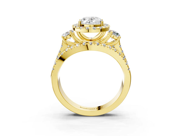 Yellow gold Halo Oval Cut Cut Split Shank Diamond Ring with Four-Prong Setting