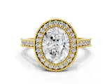 Yellow gold Halo Oval-Cut Diamond Pave Band Milgrain Prong Setting Ring_55