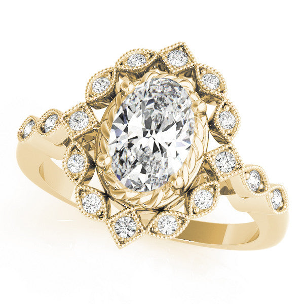 Yellow gold Halo Oval Diamond Milgrain Infinity Band with Four-Prong Setting