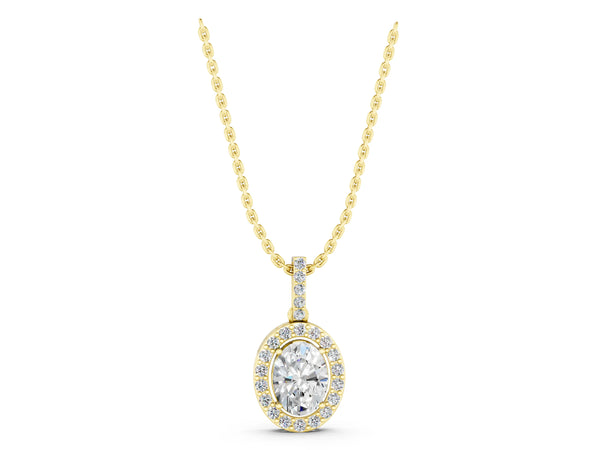 Yellow gold Halo Oval Diamond Pendant with Prong Setting