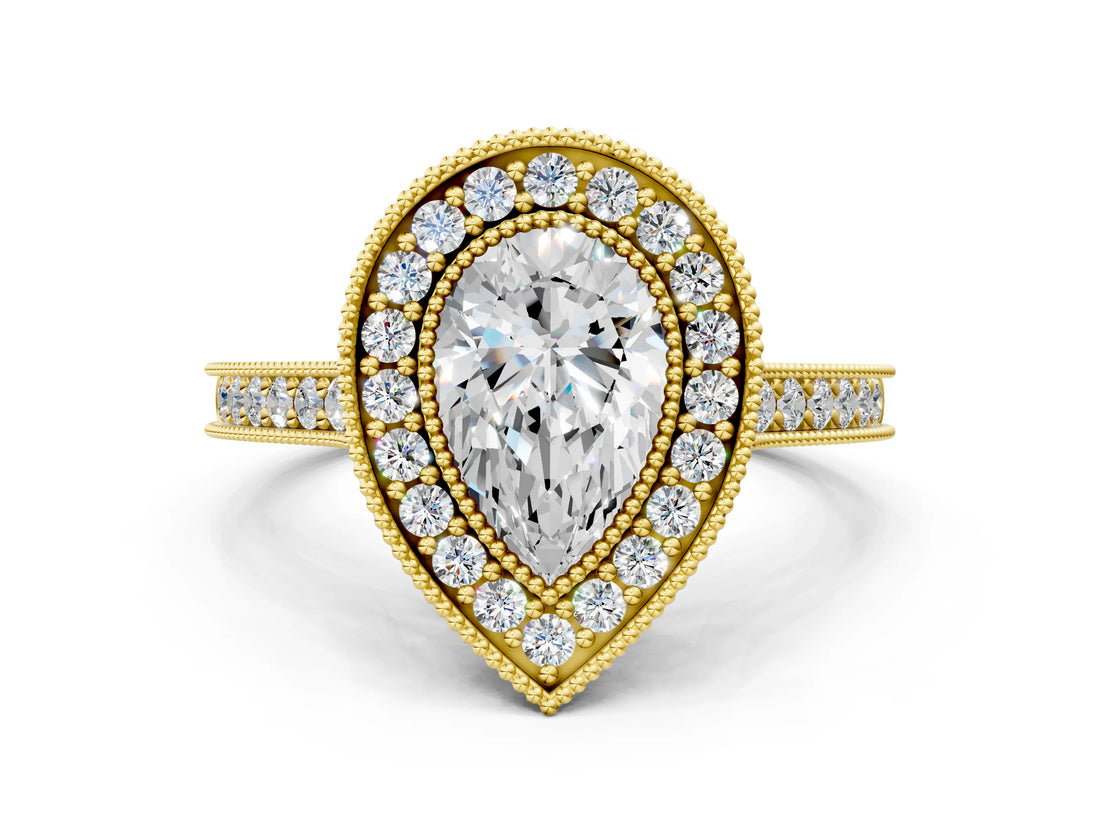Yellow gold Halo Pear-Cut Diamond Pave Band Milgrain Prong Setting Ring_54