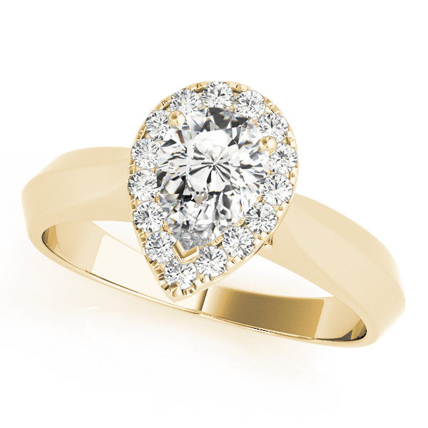 Yellow gold Halo Pear Cut Solitaire Diamond Ring with Prong Setting