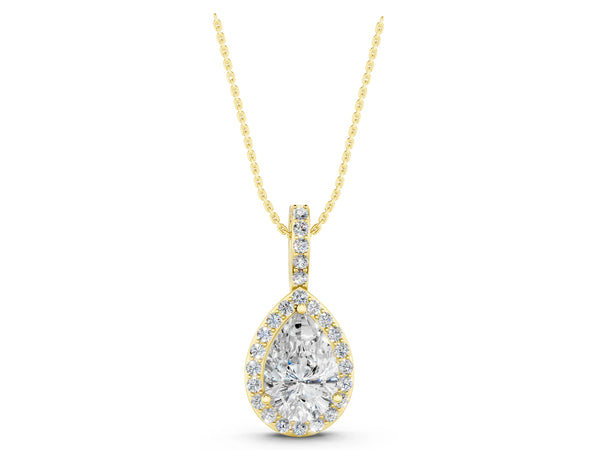 Yellow gold Halo Pear Diamond Pendant with Prong Setting