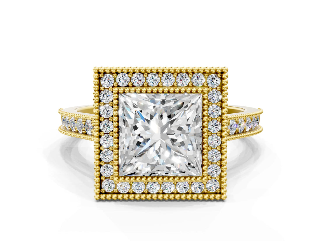 Yellow gold Halo Princess-Cut Diamond Pave Band Milgrain Prong Setting Ring_54