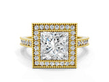 Yellow gold Halo Princess-Cut Diamond Pave Band Milgrain Prong Setting Ring_54