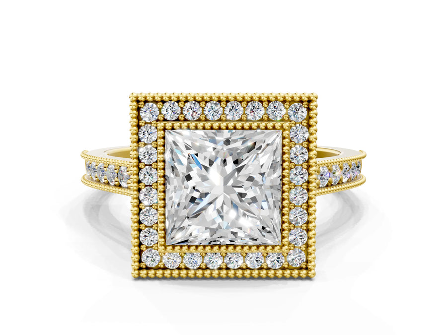 Yellow gold Halo Princess-Cut Diamond Pave Band Milgrain Prong Setting Ring