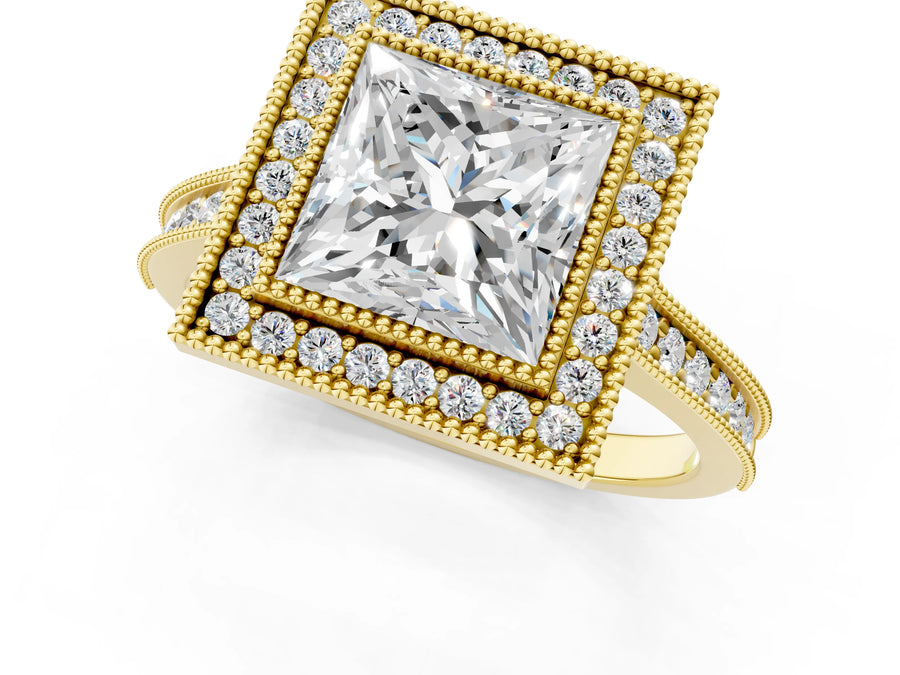 Yellow gold Halo Princess-Cut Diamond Pave Band Milgrain Prong Setting Ring