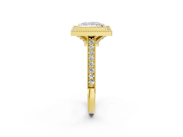 Yellow gold Halo Princess-Cut Diamond Pave Band Milgrain Prong Setting Ring