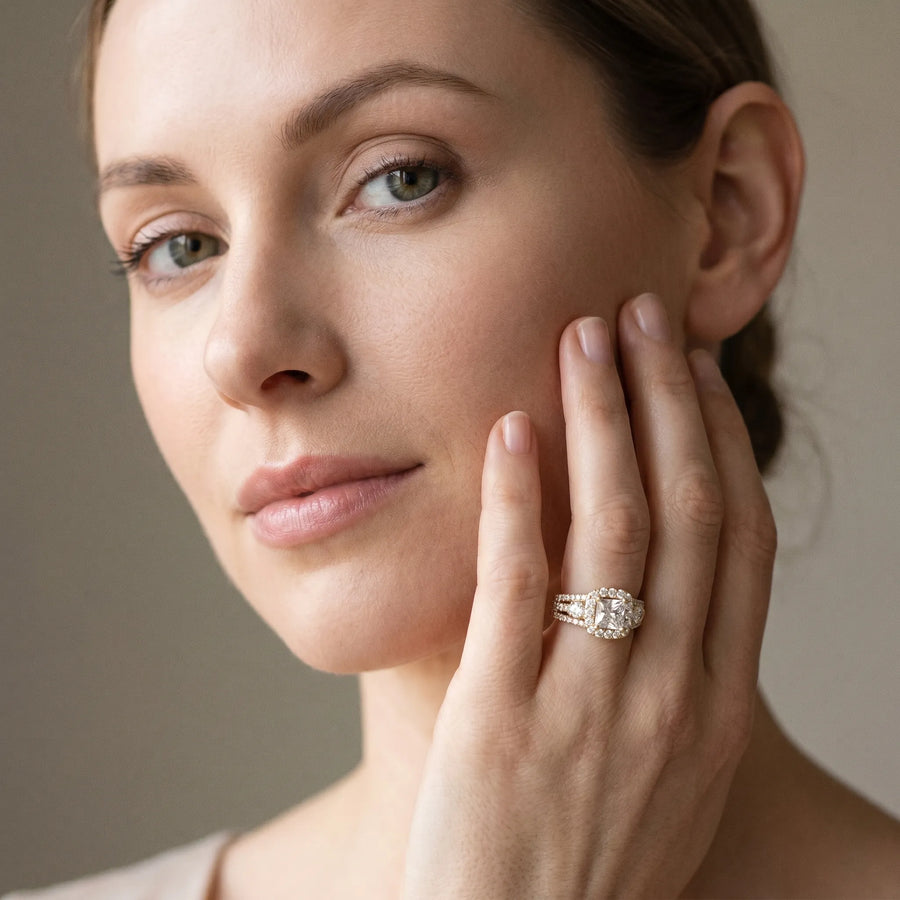 Yellow gold Halo Princess Cut Split Shank Diamond Ring with Four-Prong Setting