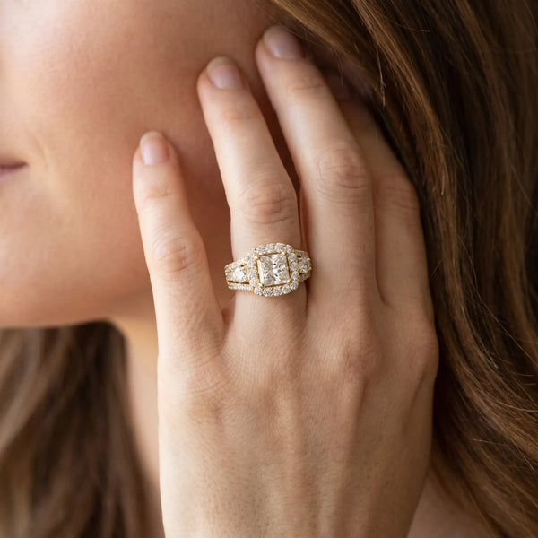 Yellow gold Halo Princess Cut Split Shank Diamond Ring with Four-Prong Setting