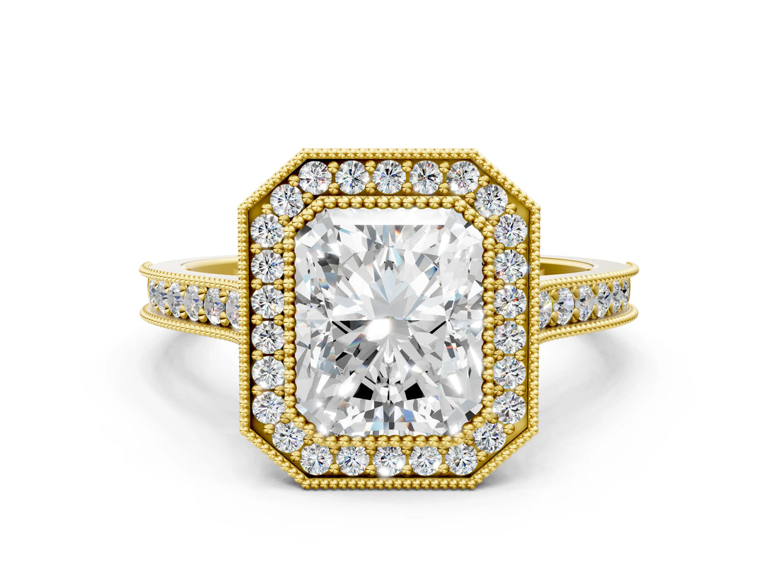Yellow gold Halo Radiant-Cut Diamond Pave Band Milgrain Prong Setting Ring_55