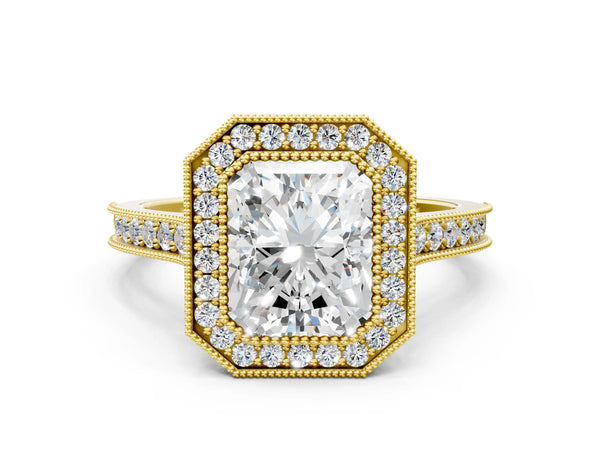 Yellow gold Halo Radiant-Cut Diamond Pave Band Milgrain Prong Setting Ring