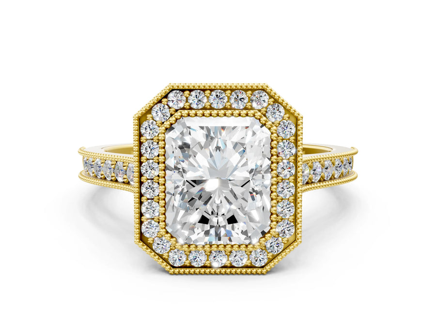 Yellow gold Halo Radiant-Cut Diamond Pave Band Milgrain Prong Setting Ring