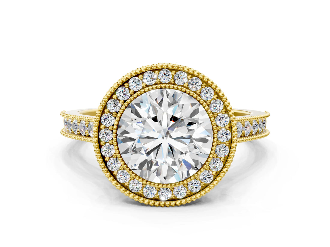 Yellow gold Halo Round-Cut Diamond Pave Band Milgrain Prong Setting Ring_52