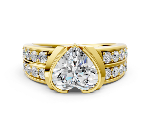 Yellow gold Heart Brilliant Diamond Channel Set Wide Band Ring with Bezel Setting
