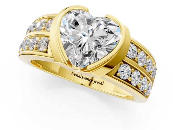 Yellow gold Heart Brilliant Diamond Channel Set Wide Band Ring with Bezel Setting