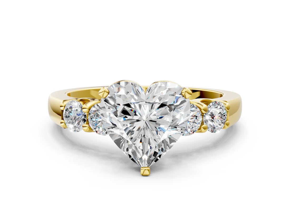 Yellow gold Heart Brilliant Diamond Five-Stone Engagement Ring with Prong Setting on a Classic Band_16