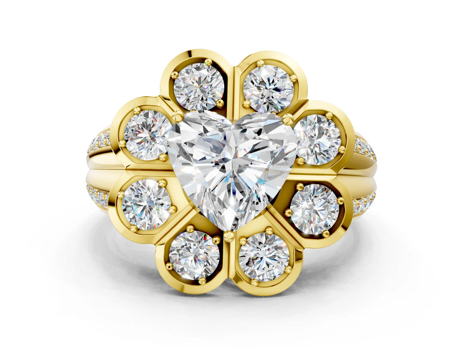 Yellow gold Heart Brilliant Flower Halo Diamond Split Shank Ring
