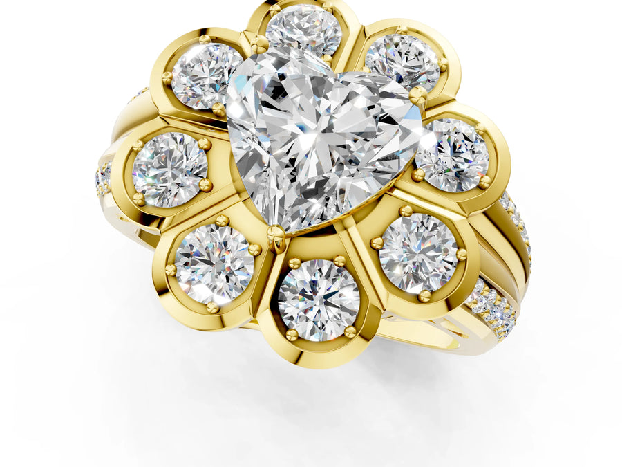 Yellow gold Heart Brilliant Flower Halo Diamond Split Shank Ring
